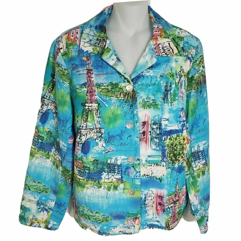 Coldwater Creek Petite Small Womens Jacket Linen Blend Blazer Paris Print Blue